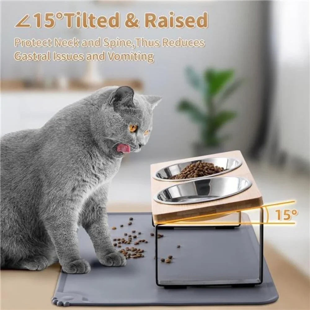 Upgraded Elevated Cat Bowls with Food Mat,15°Tilted Stand Anti Vomiting Raised